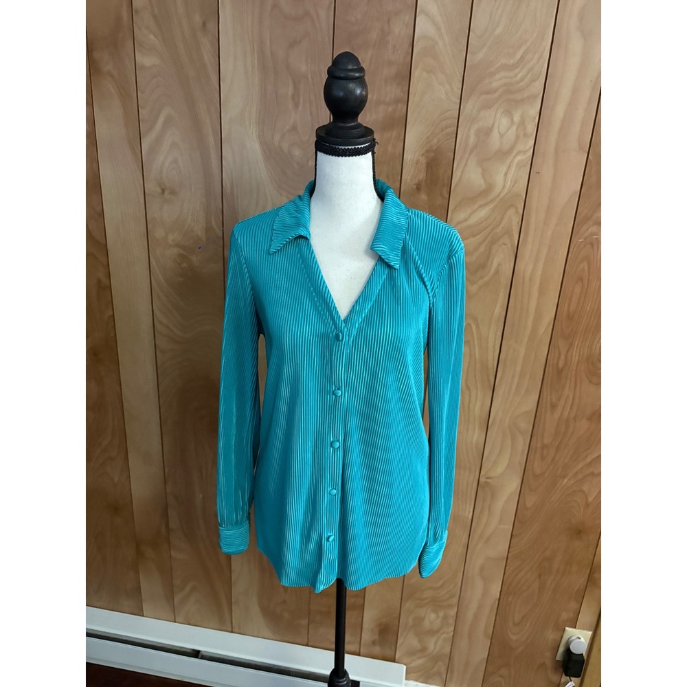 Ro & De Women Teal Blue Accordion Pleated Long Sleeve Button Up Top AGU513468 S
